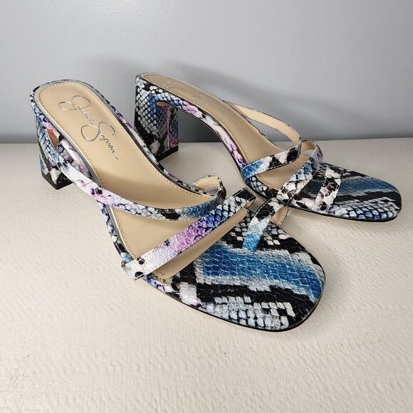 JESSICA SIMPSON Women's Size 7.5 Willmena BLUE & PURPLE SNAKE Print SANDAL Shoes - Picture 1 of 6